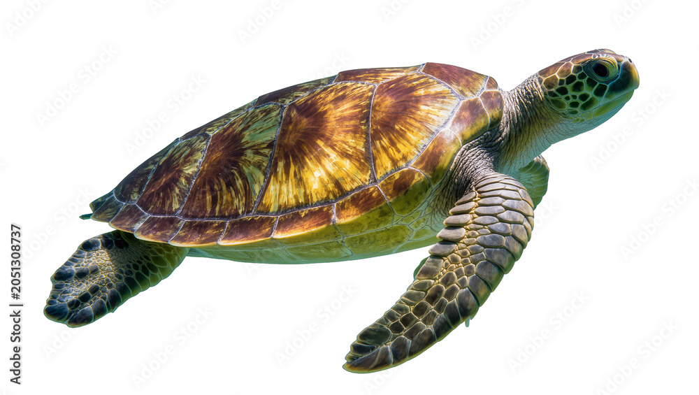 Fototapeta premium Green sea turtle swimming with patterned shell and flippers