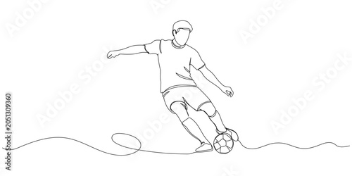 One-line illustration of a football player in an active kicking pose. Clean continuous line art conveying strength, focus, and game intensity.