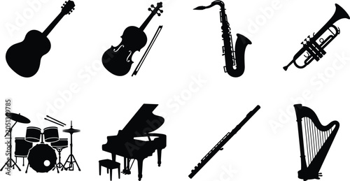 Slika na platnu Musical Instruments Silhouette Collection Set with String Wind Percussion and Ke
