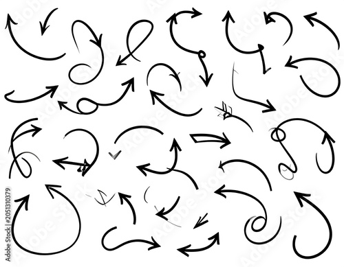 A collection of 25 hand-drawn black arrows on white background