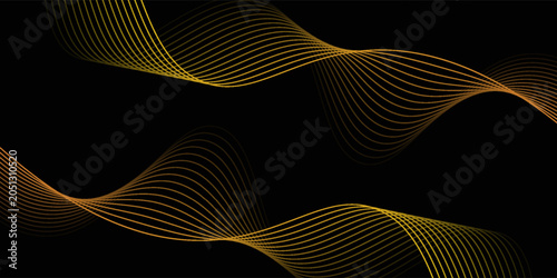 Gold abstract waves background. Golden curve lines vector illustration isolated on black. Luxury glitter shiny swirl pattern. Elegant modern fashion design element.