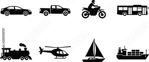Slika na platnu Transportation Vehicle Silhouette Collection Set with Land Air Rail and Water Tr