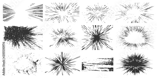 Foto Collection of monochrome retro comic style speed lines radial sunbursts and grunge explosion textures vector illustration