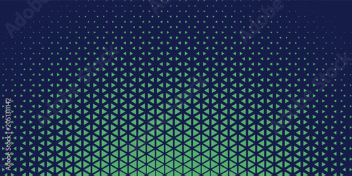 Triangular Blue-Green Halftone Texture. Retrowave Vector Geometric Technology Abstract Background. Half Tone Triangles Retro Colored Pattern. Minimal 80s Style Dynamic Tech Structure Wallpaper. Eps10
