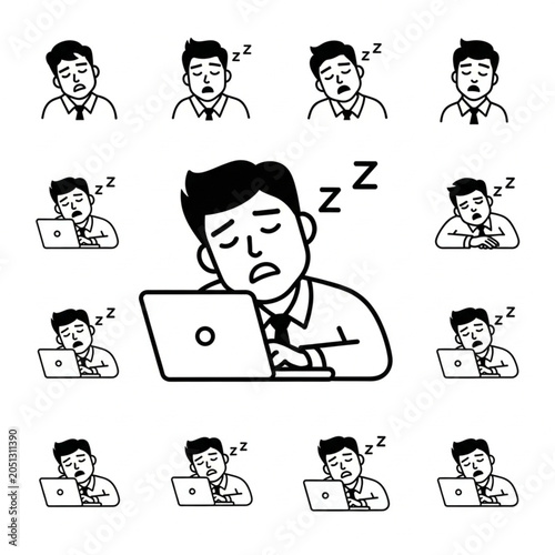Photos Cartoon man sleeping at laptop in various positions.