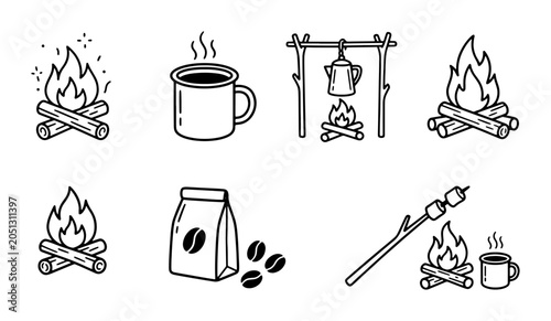 Campfire Coffee Icons, Roasting Marshmallows, Outdoor Cooking Vector Set