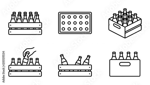 Photos Beer Crate Icons, Beverage Container Line Art, Alcohol Pack Vector Set