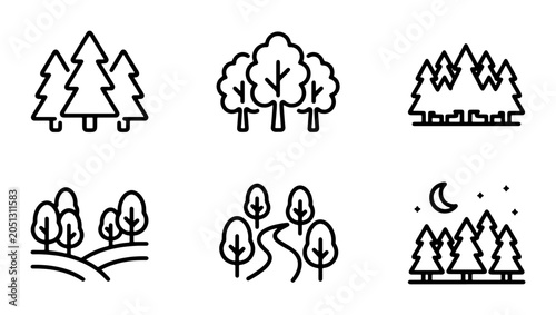 Bild auf Leinwand Forest Icons, Tree Graphics, Nature Symbols, Woodland Vector Set, Outdoor Elemen