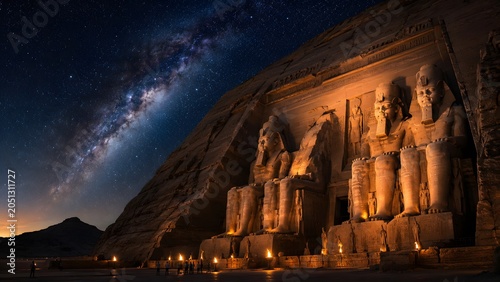 Night sky over ancient egyptian statues