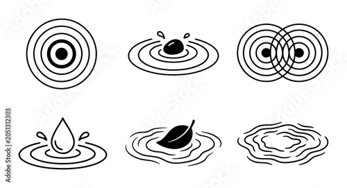 Fotografia Water Ripple Icons, Droplet Splash Set, Concentric Circles, Organic Leaf Effect,
