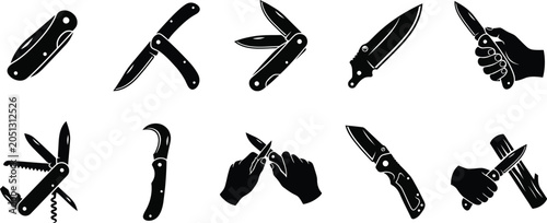 Photos Pocket Knife Icon Set, Folding Blade Tools for Camping and Gardening, Vector Ill