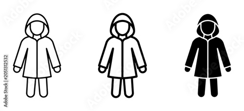 3 Icon Set: Hooded Parka, Winter Coat, Rain Jacket Figures | Black White Line Art