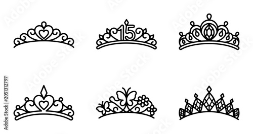 Elegant Tiara Icons Set, Royal Crown Vector Graphics, Princess Headband Illustrations, Birthday Jewelry Designs