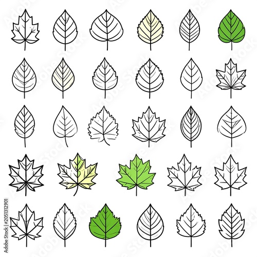 A collection of 25 illustrated leaves in various shades of green and gray on a white background