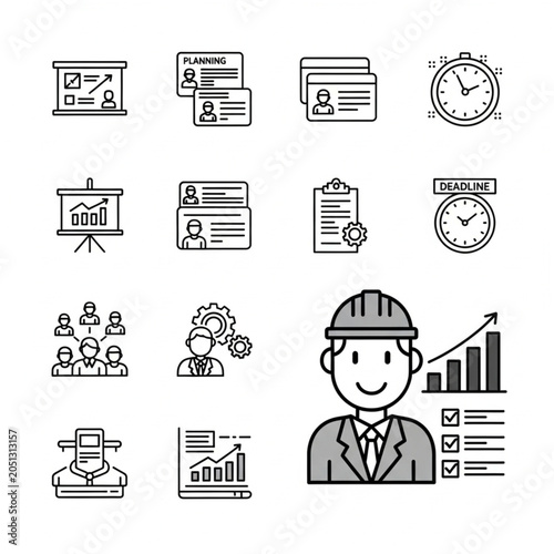 A smiling engineer in a hard hat stands in front of various office and business icons and graphs.