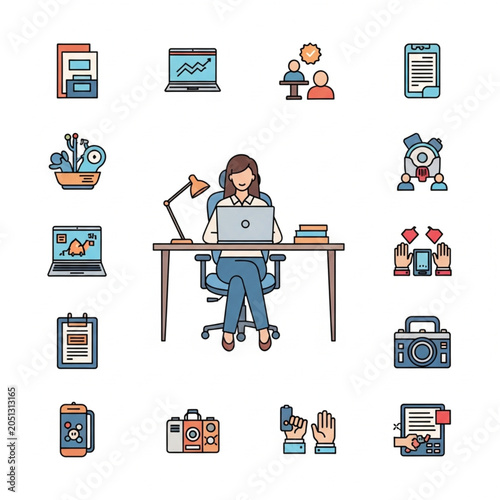 Woman sitting at desk working on laptop with office supplies and books nearby