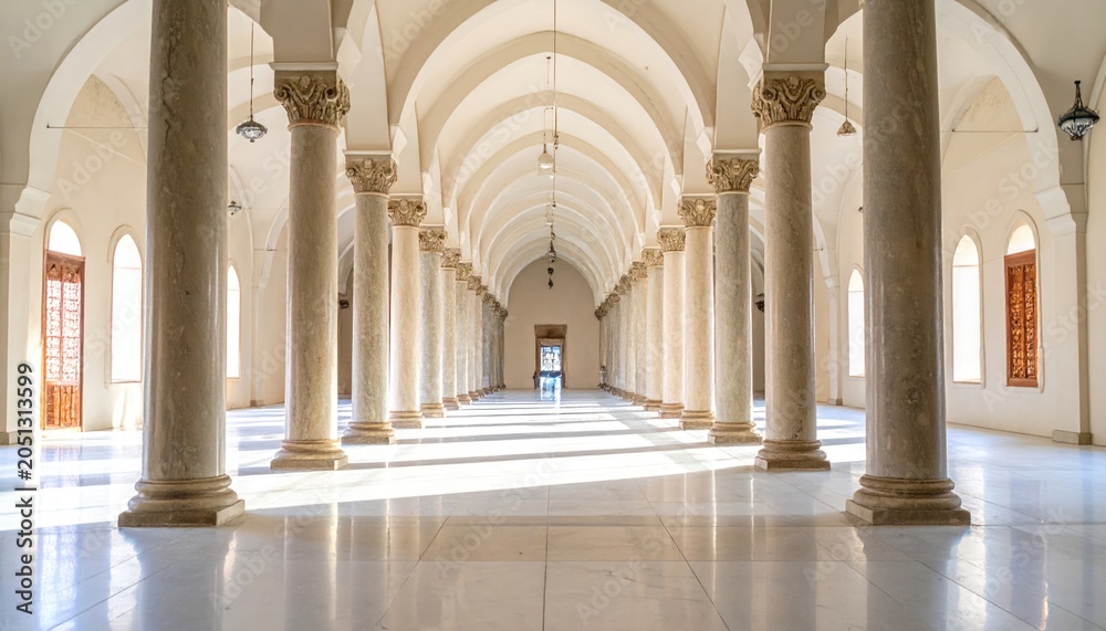 Fototapeta premium Bright white architectural hall with arches and columns.