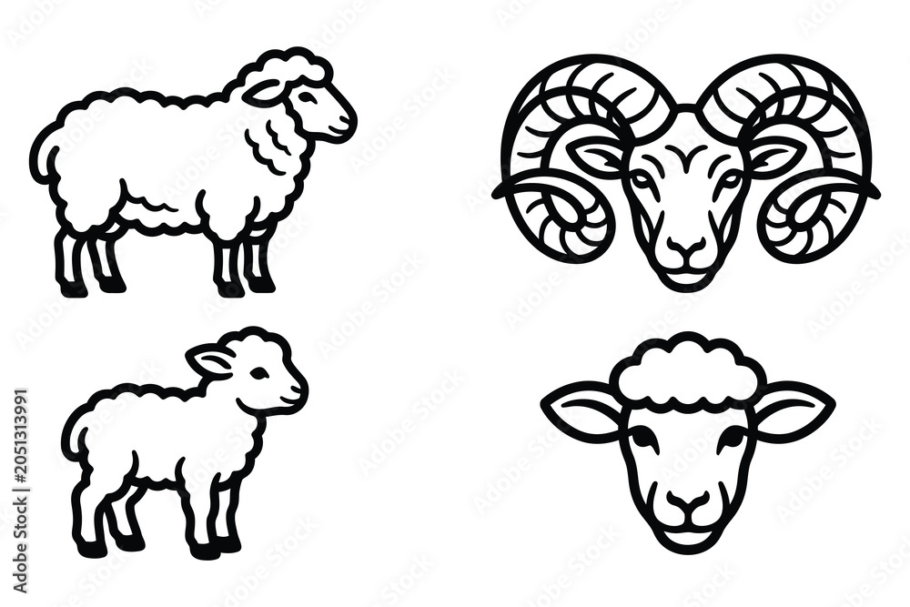 Obraz premium Black line drawings of sheep and ram heads in various poses and views