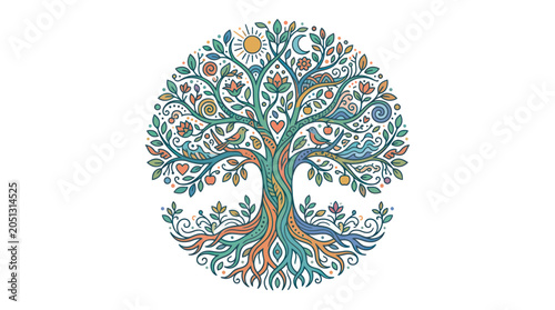 Fotografía Whimsical Tree of Life illustration with birds, sun, moon, and heart