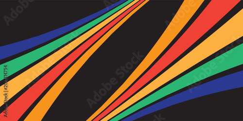 Abstract retro background with colorful curved stripes on black backdrop. Vintage 70s 80s style vector illustration for dynamic banner, poster, cover, and corporate design.