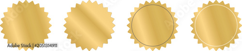 Golden seal vector set, blank gold stamp medals with starburst borders and circular frames for quality guarantee, certification, and award labels