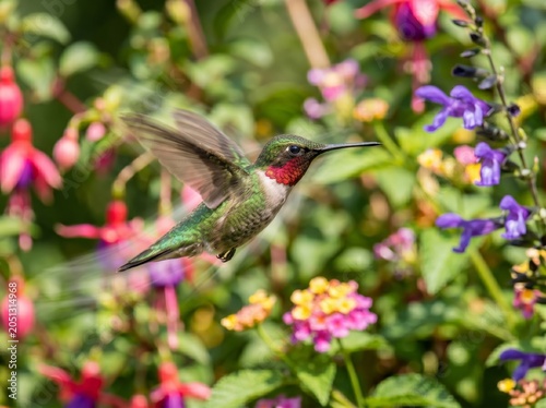 Ruby-throated Hummingbird in Flight Among Vibrant Garden Flowers.
