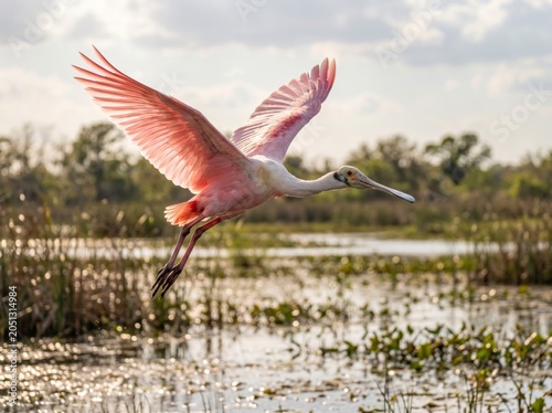 Roseate Spoonbill in Flight Over Wetlands at Sunset.