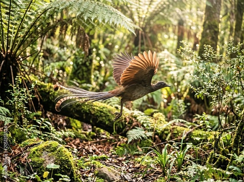 Superb Lyrebird in Flight in Lush Australian Rainforest.