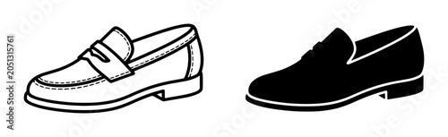 Valokuva Classic Loafer Shoes, Black Silhouette and Outline Vector Icons for Fashion and