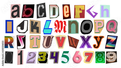 Ransom style Halloween alphabet, spooky cut-out letters collage for horror design