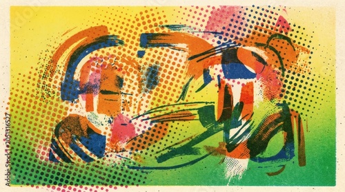 Vibrant abstract artwork with colorful brushstrokes and dotted patterns on yellow green background