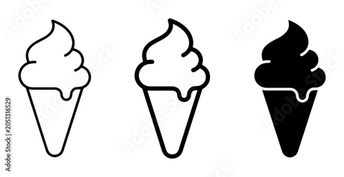 Simple Ice Cream Cone Icons, Outline and Solid Fill Styles, Sweet Dessert Vector Graphics
