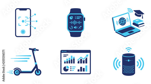 Icons depicting mobile device scanning, smart wearable technology, e-learning, electric scooters, data analytics, and smart speakers are presented.