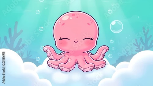 Cheerful pink cartoon octopus swimming in turquoise water with bubbles and sea plants