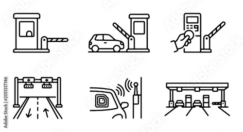 Toll Booth Icons, Automated Payment Systems, Roadside Infrastructure, Traffic Control Vector Set