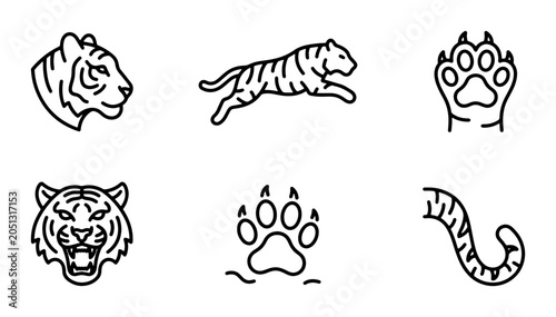 Tiger Icons Set, Wild Cat Vector Graphics, Animal Paw Prints, Jungle Predator Line Art Collection