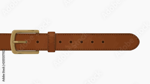Close up of a brown leather belt with a brass buckle and multiple holes on a white background