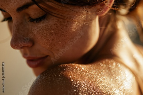 Woman's freckled skin sparkling with sweat in golden hour light