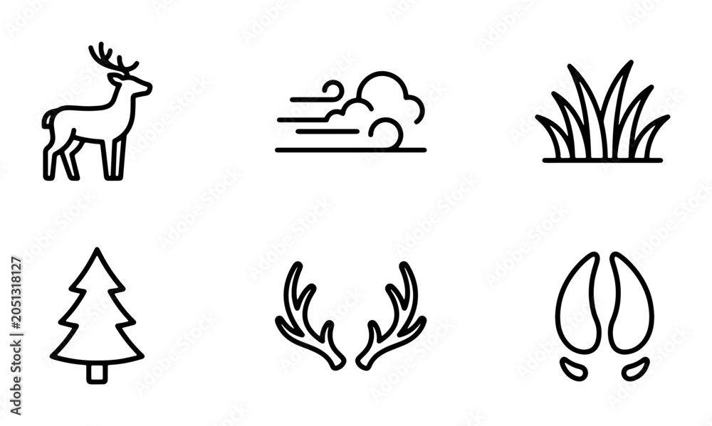 Fototapeta premium Deer, Wind, Grass, Tree, Antlers, Hoofprints: Minimalist Nature Icons Set