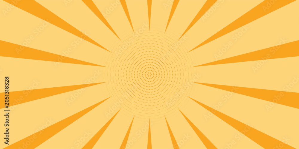 Fototapeta premium Orange stripes burst lines background. Sun ray light. Radiate sunlight. Vintage stripes halftone radial wallpaper for poster, banner.Circus background of spiral yellow orange rays vector.