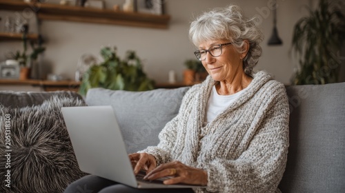 Elder woman using laptop at home, working or browsing, cozy living room setting