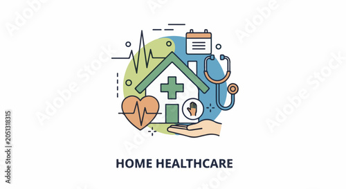 Icons representing home healthcare with a house, heart, stethoscope, and calendar