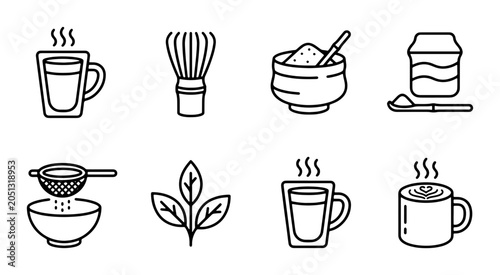 Foto Matcha Tea Ceremony Icons, Green Tea Preparation Set, Hot Beverage Drinkware, Cu