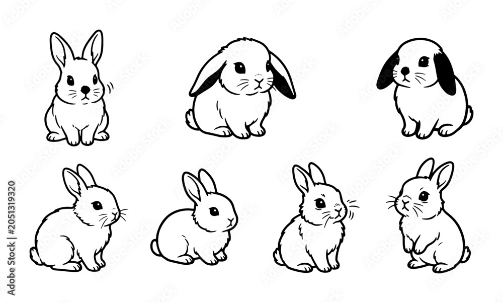 Fototapeta premium Cute Bunny Illustrations, Adorable Rabbit Vector Set, Whimsical Pet Graphics, Simple Line Art Animals