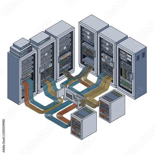 Isometric view of a server room with multiple interconnected server racks and network equipment.