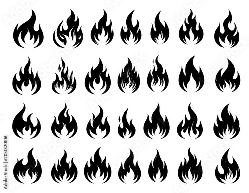A collection of 30 black flame icons on a white background