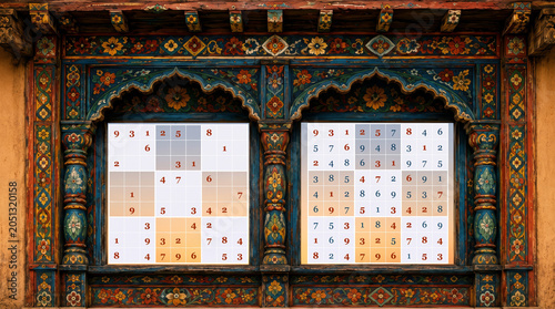 Traditional Indian style carved wooden window frame with sudoku logic puzzle.