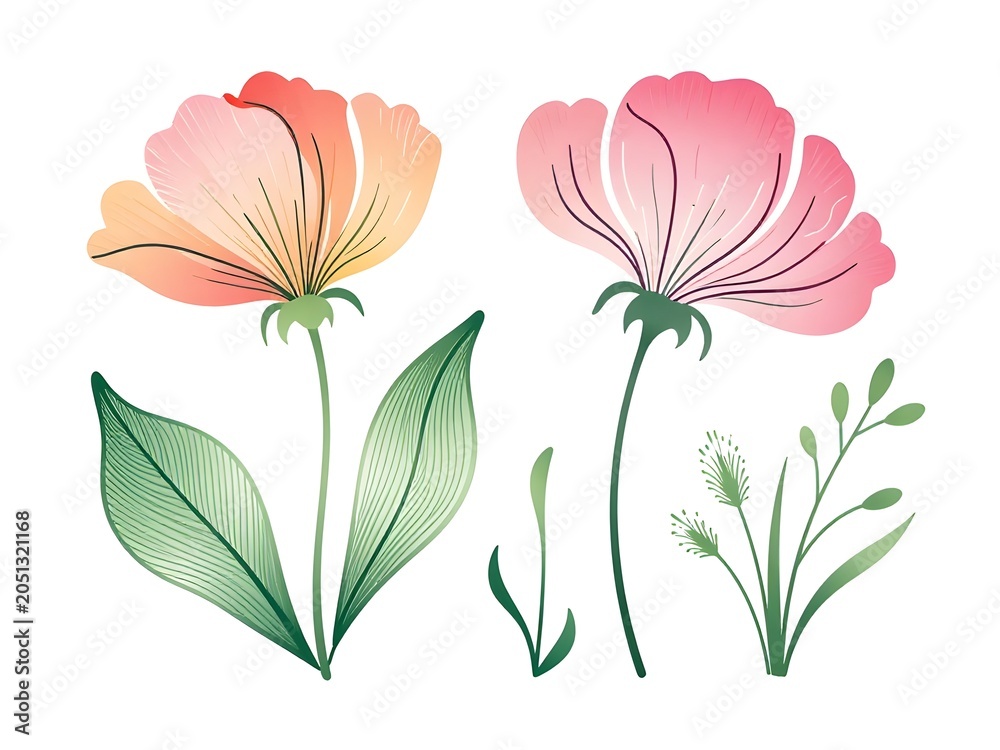 Obraz premium Elegant Nature Bloom. Set of abstract flowers with contour and gradient style. Floral decoration, botanical decor. Blossom nature.