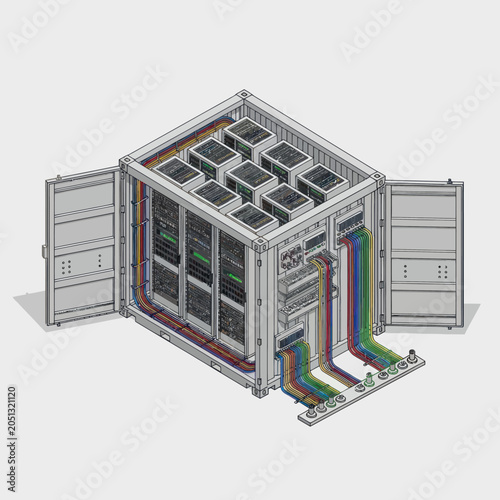 Isometric view of a shipping container converted into a data center with servers and colorful cables.