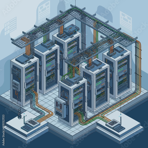 Isometric view of a server room with multiple server racks and network connections.